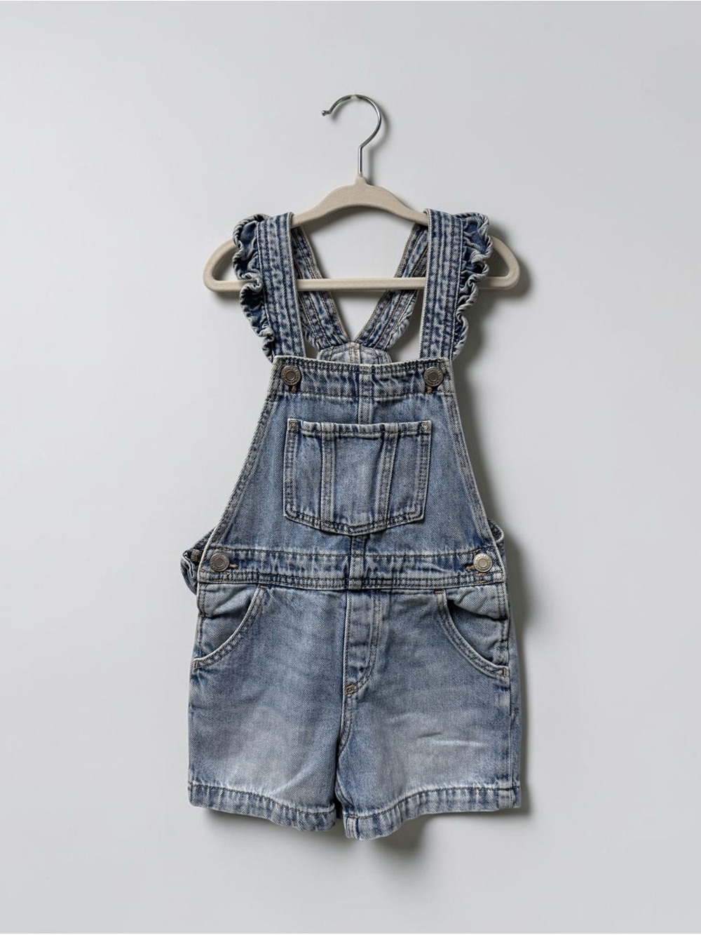 H&M Light Blue Denim Short Overalls with Ruffled Straps